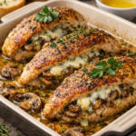 Baked mushroom stuffed chicken with garlic butter and melted cheese