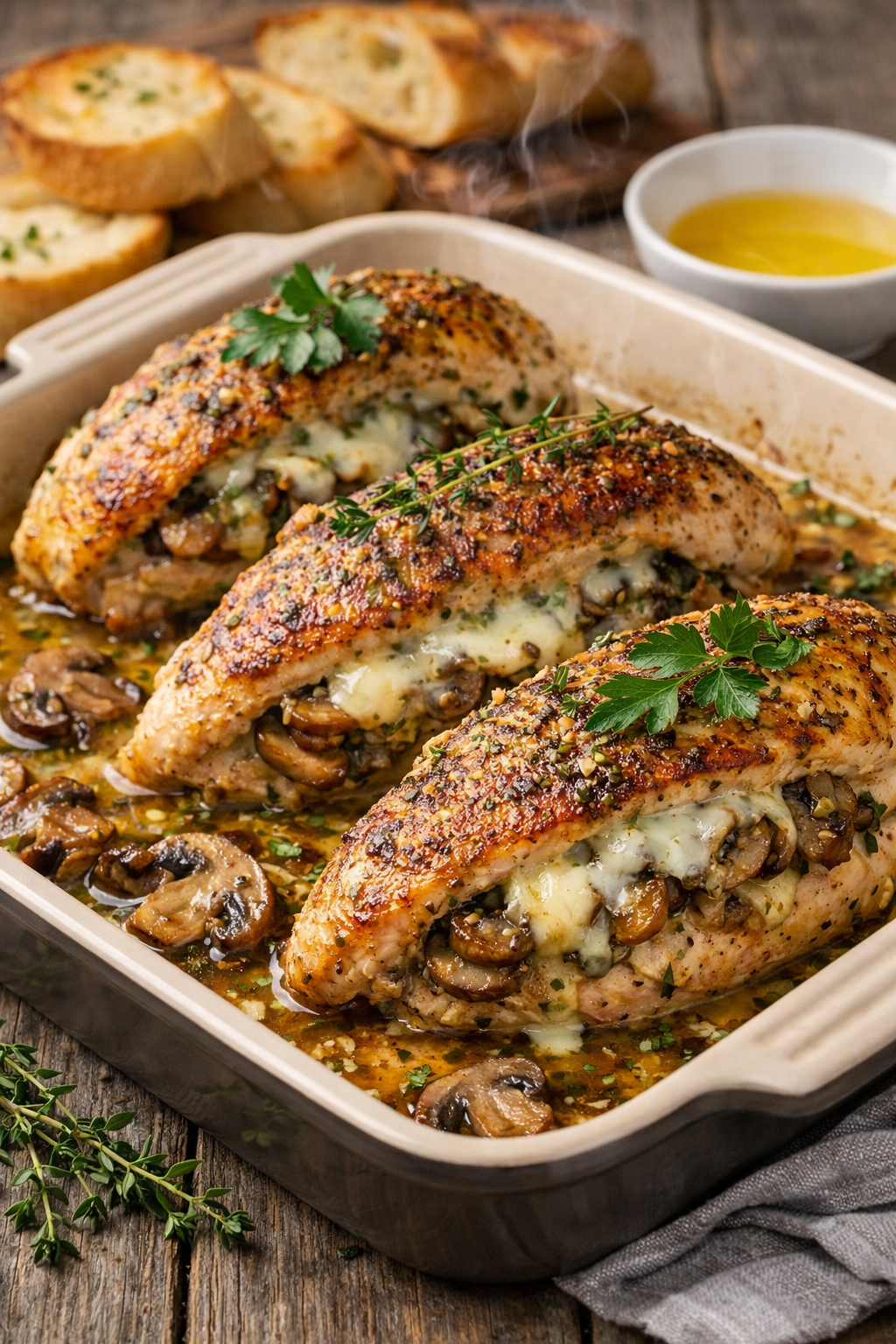 Baked mushroom stuffed chicken with garlic butter and melted cheese