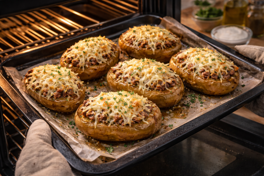 Stuffed Potatoes with Ground Beef and Melted Cheese baked