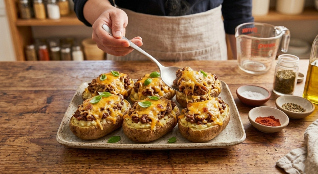 Stuffed Potatoes with Ground Beef and Melted Cheese Serving