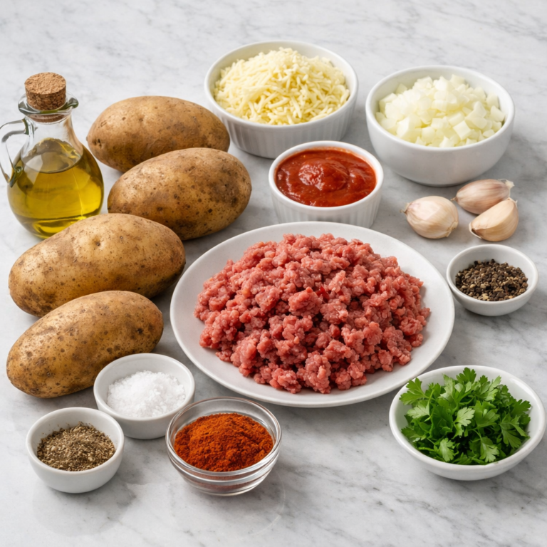 Ingredients for stuffed potatoes with ground beef and melted cheese arranged on a marble surface
