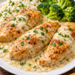 Creamy chicken breast in cheese sauce served on a white plate with rice and steamed broccoli
