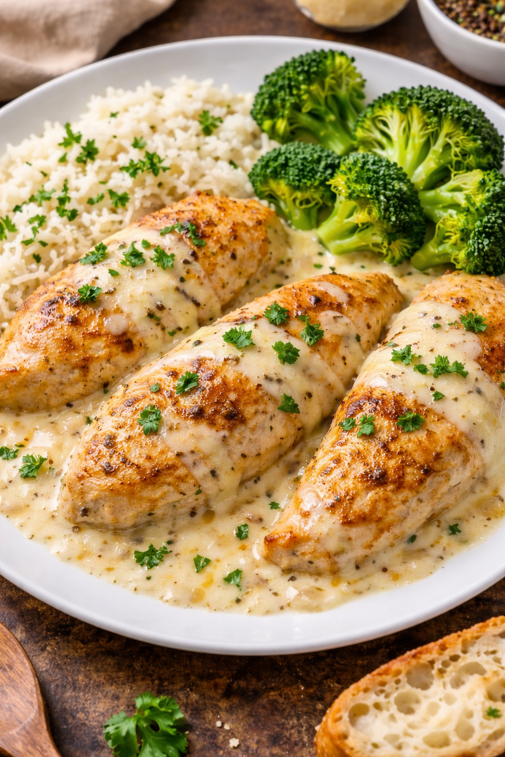 Creamy chicken breast in cheese sauce served on a white plate with rice and steamed broccoli