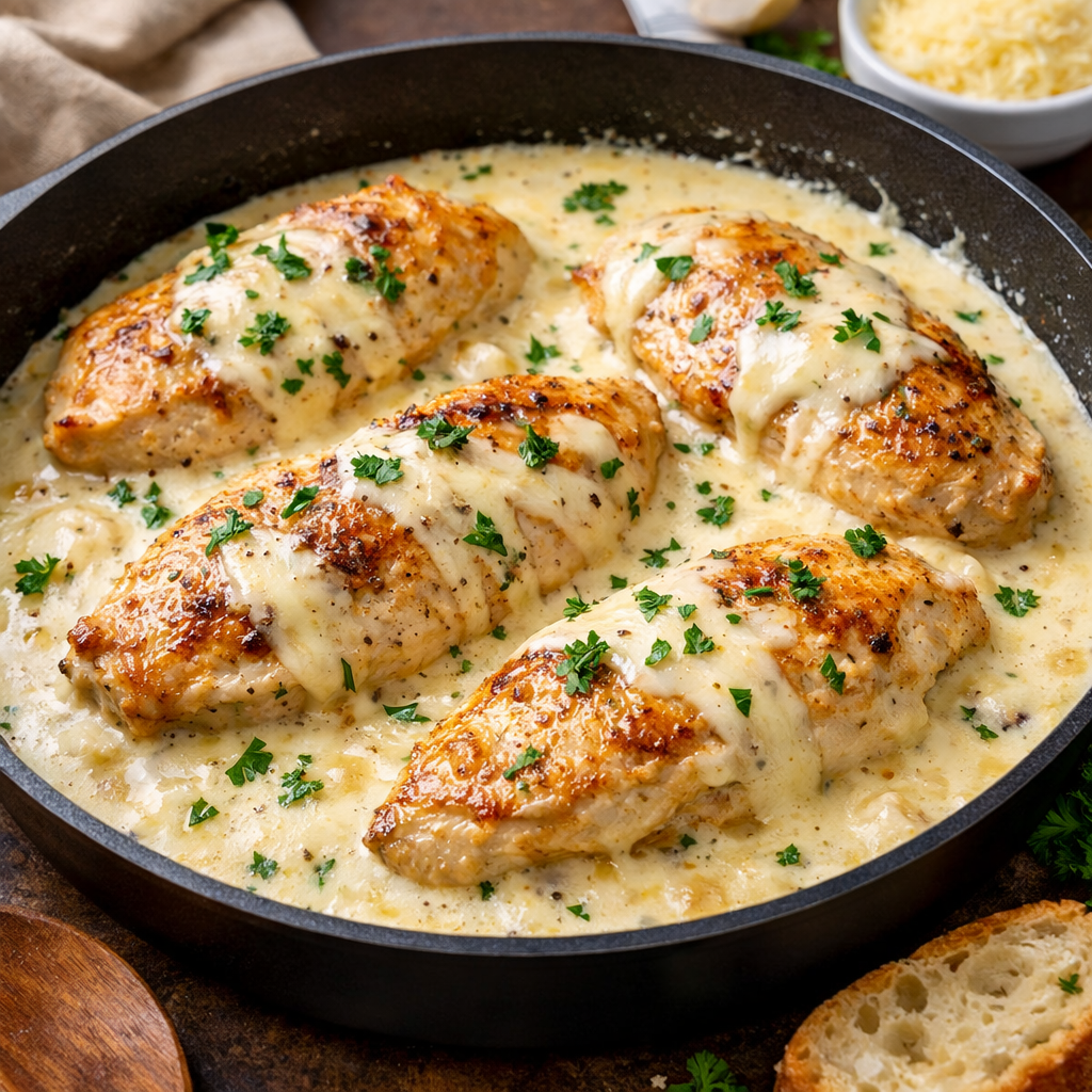 Creamy chicken breast in cheese sauce simmering in a skillet with fresh parsley garnish