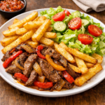 Complete dinner plate with steak fajitas, crispy fries, and fresh garden salad