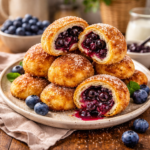 Golden blueberry pie bombs fresh from the air fryer, dusted with sugar on a rustic wooden board