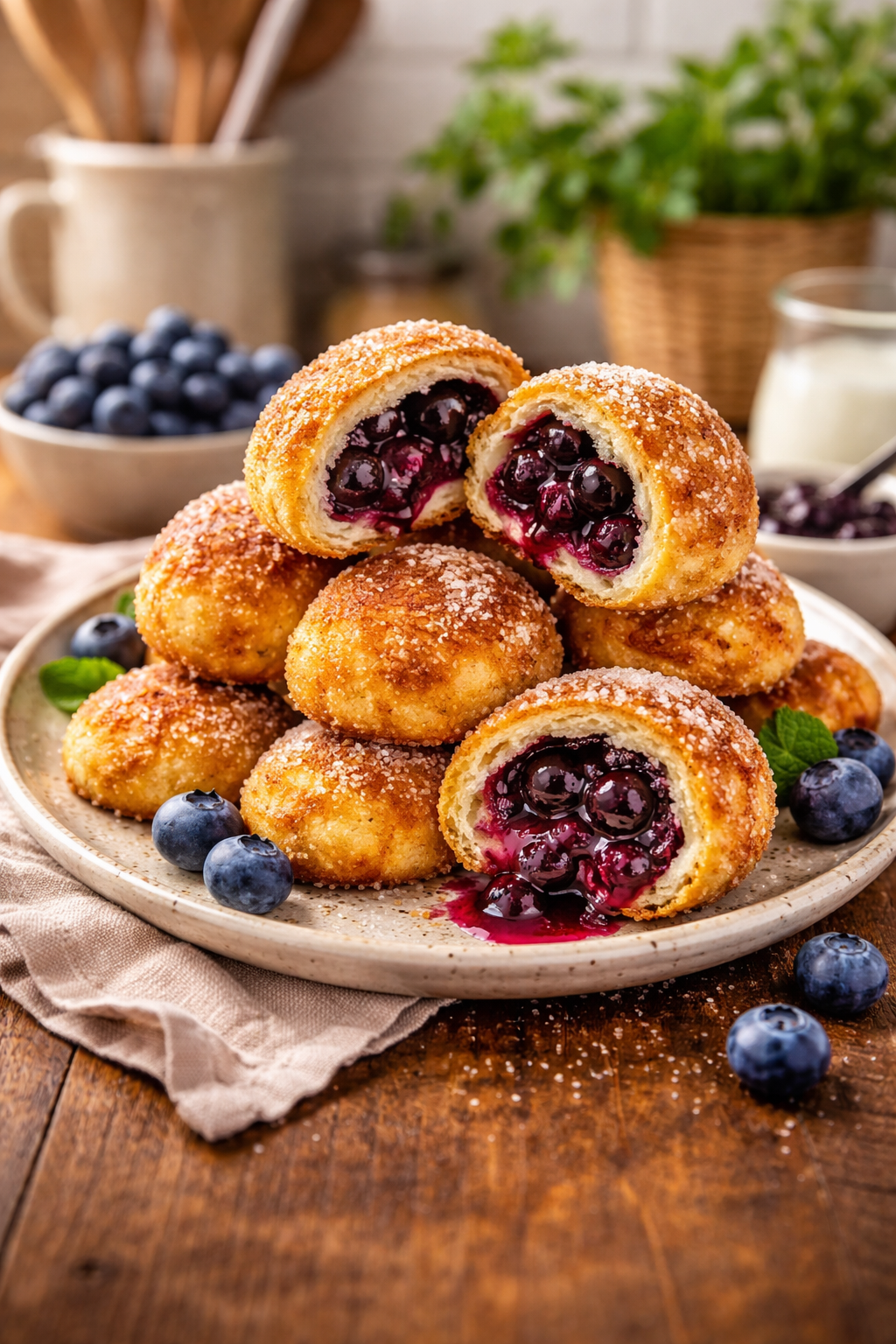 Golden blueberry pie bombs fresh from the air fryer, dusted with sugar on a rustic wooden board