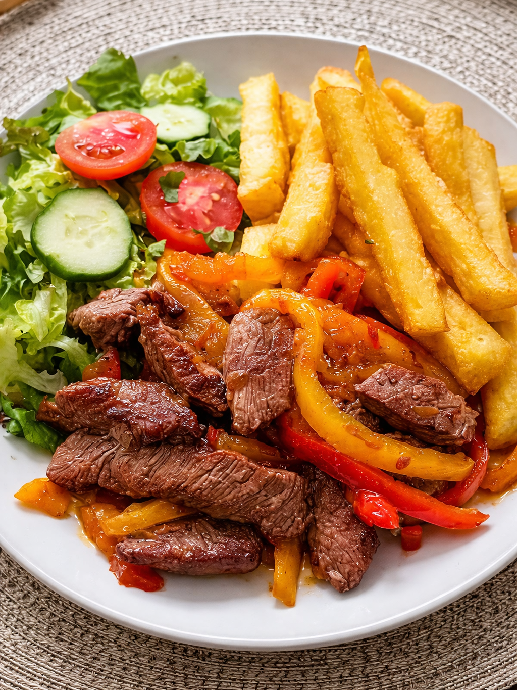 Steak fajitas with crispy golden fries and fresh garden salad served on a white plate