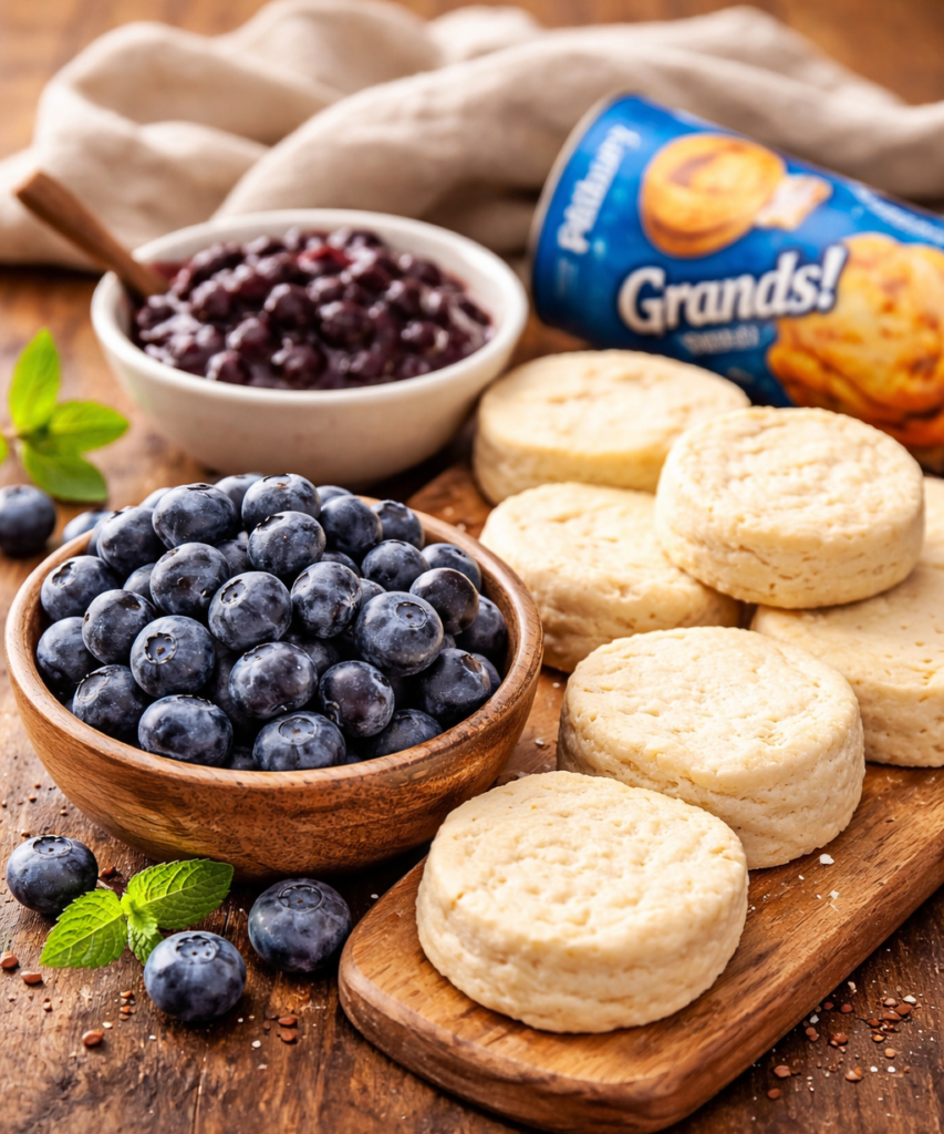 Fresh blueberries and biscuit dough on a wooden surface